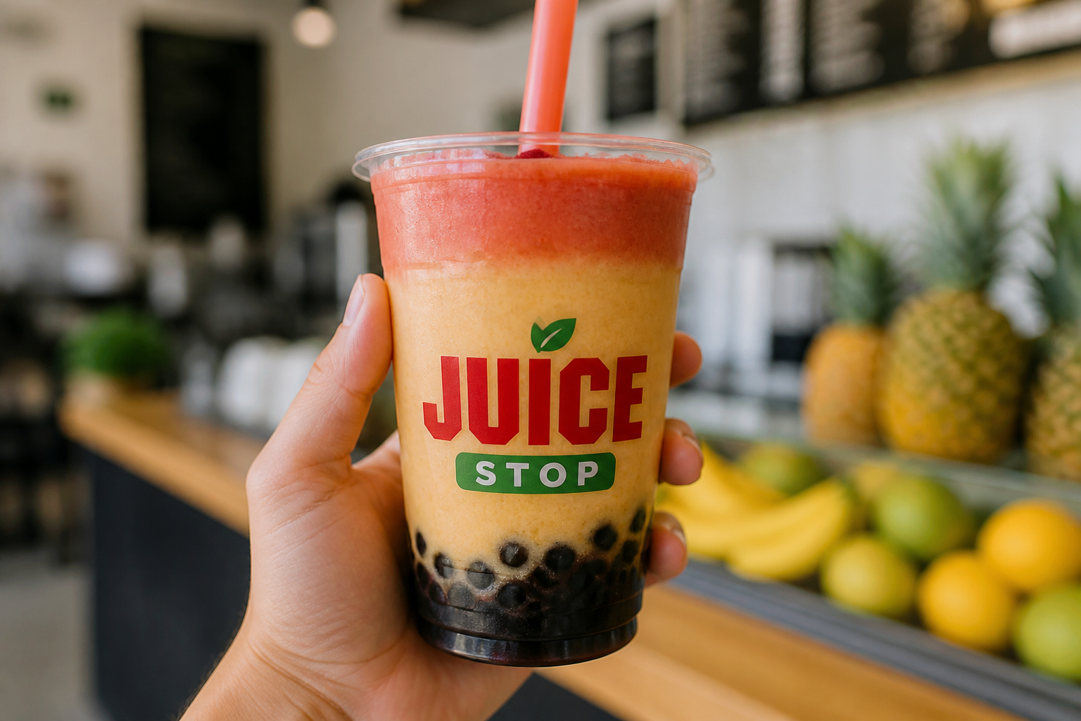 A close-up of a colorful boba blender smoothie with a layer of black tapioca pearls at the bottom and a wide straw ready for sipping.