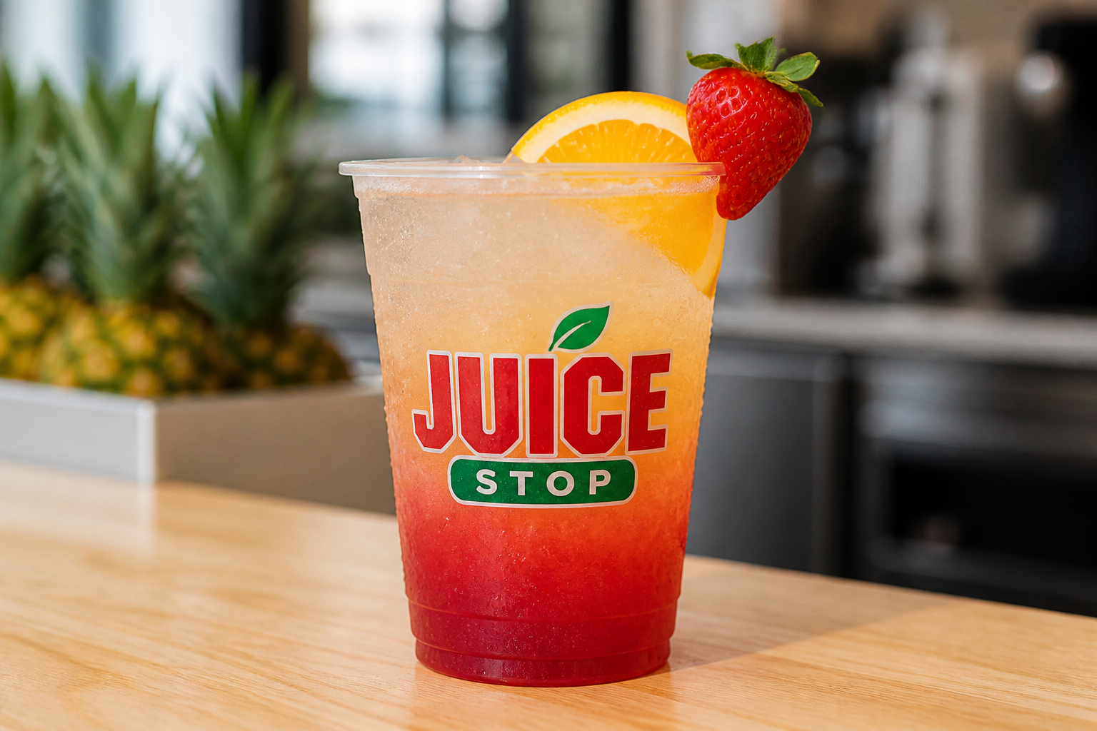 A close-up of a colorful layered Red Bull infusion drink in a clear cup, garnished with fresh fruit, on a wooden countertop.