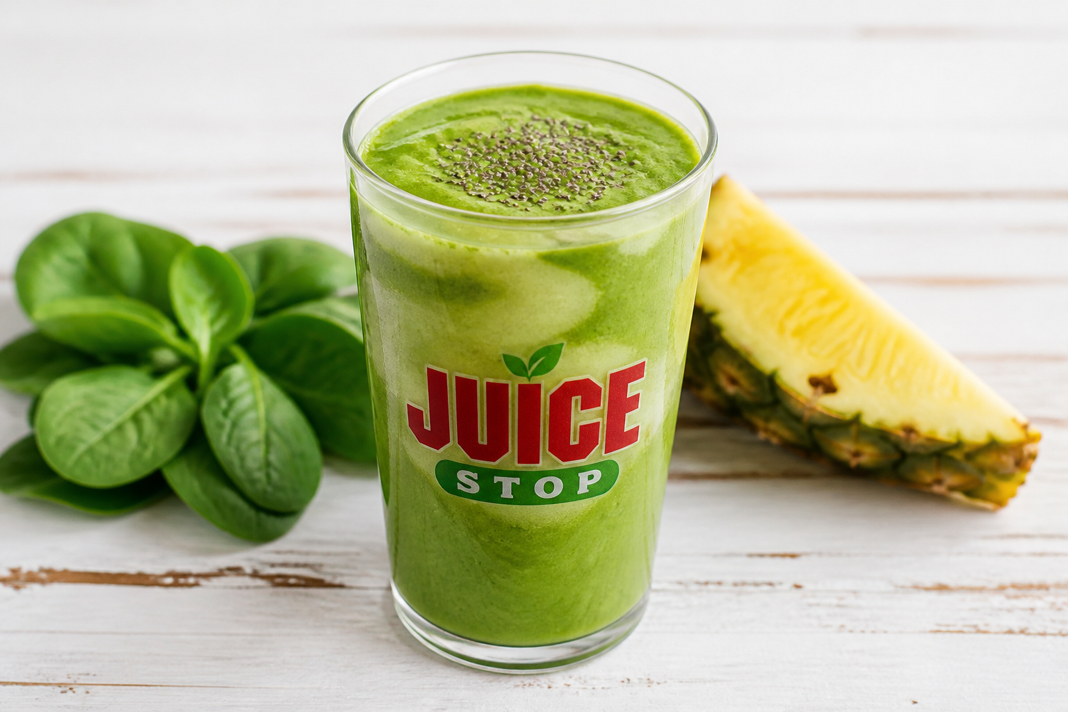A delicious, vibrant green smoothie in a tall glass, garnished with chia seeds, with fresh spinach and pineapple ingredients next to it.